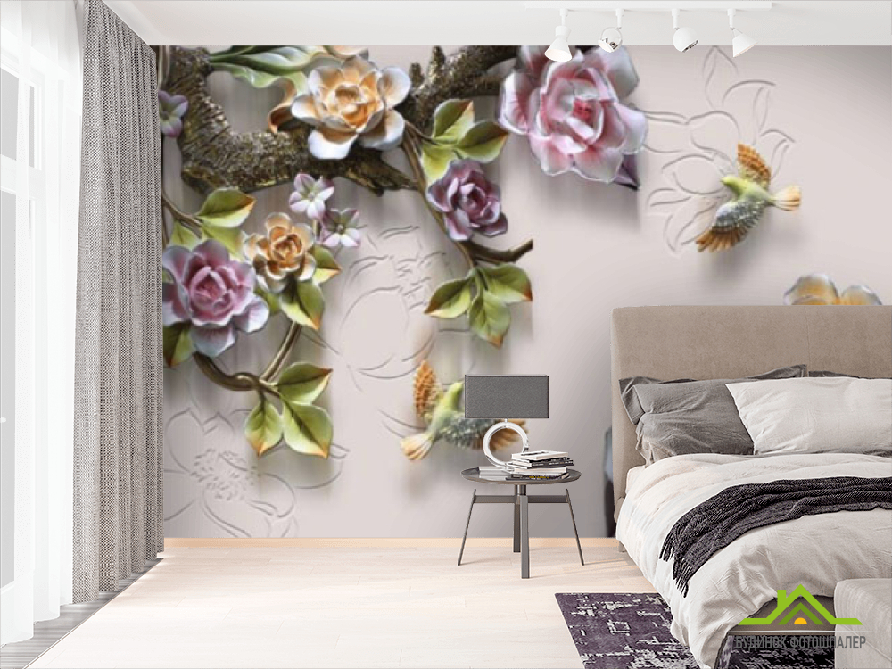 Фотообои Цветы на ветке и птицы