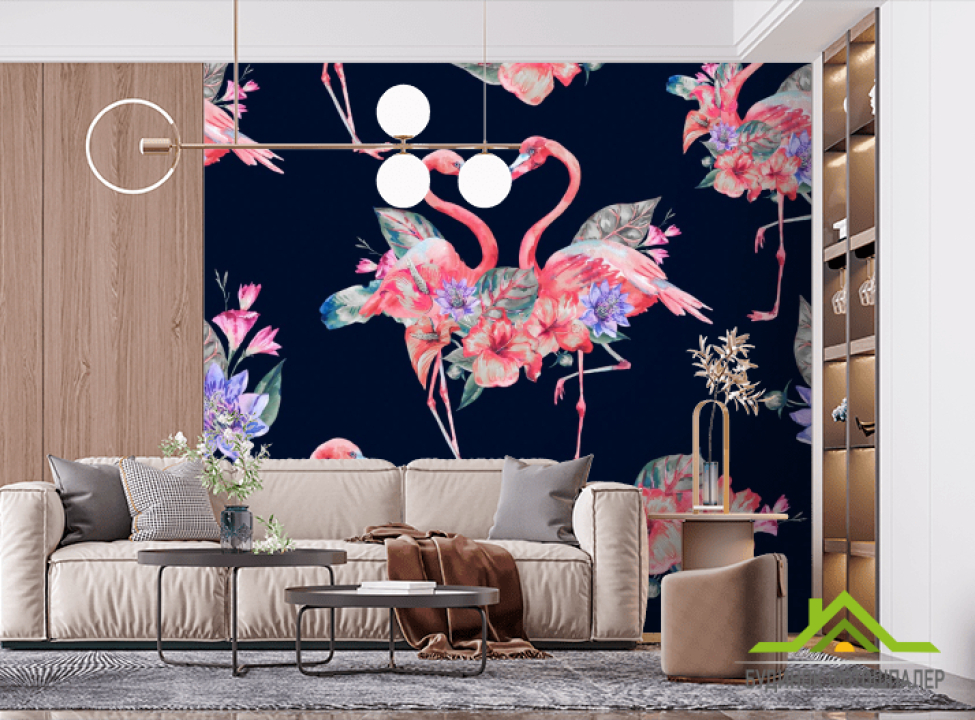 выбрать Фотообои розовые фламинго на темном фоне Фотообои с Фламинго на стену
