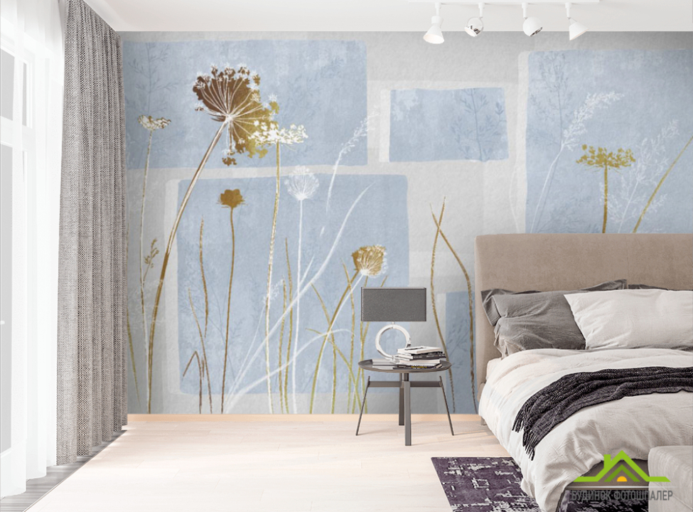 выбрать Фотошпалери сухоцвіти на синьому дизайнерському тлі. Фотошпалери Квіти на стіну