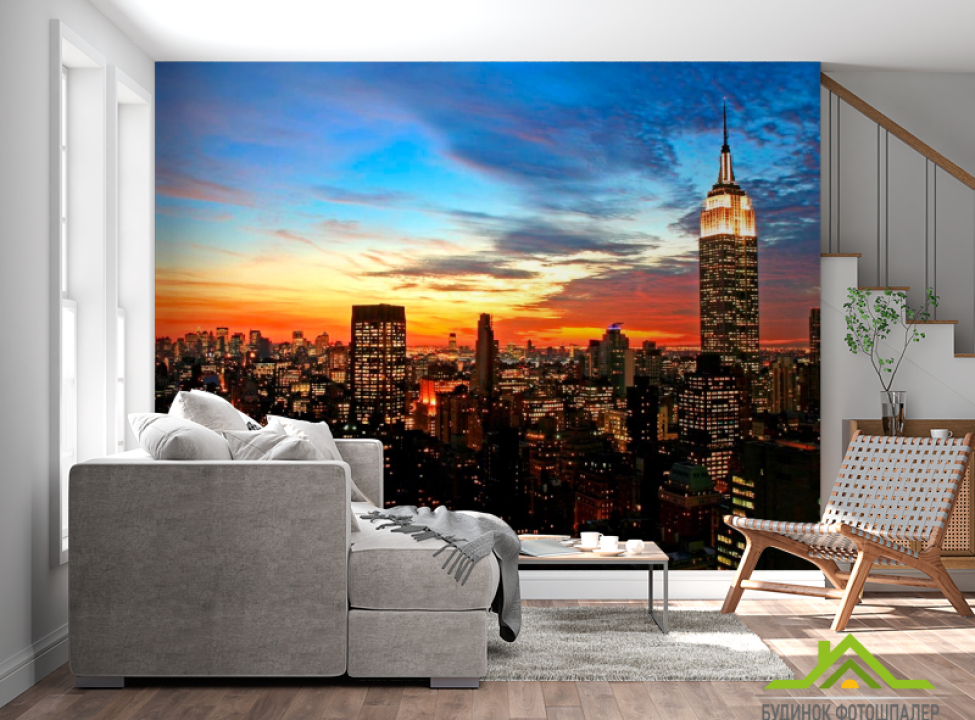 выбрать Фотообои Закат в городе Фотообои Современный город на стену