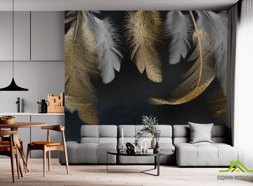 выбрать Фотообои золотые перья на чёрном Фотообои с золочением на стену