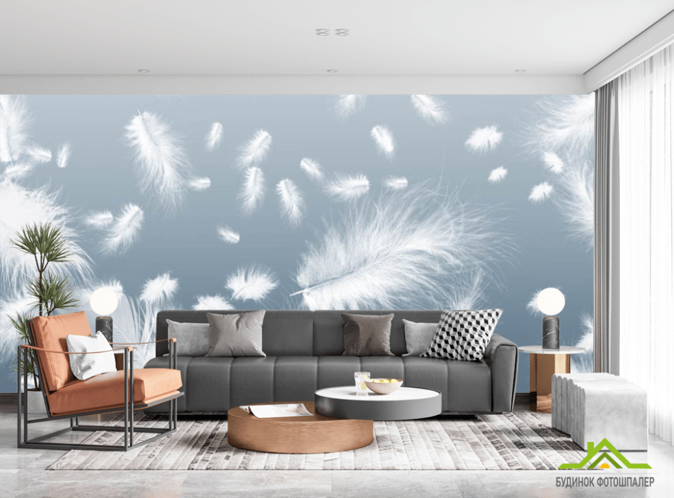 выбрать Фотошпалери білі пір'я на блакитному тлі Фотошпалери пір'я на стіну
