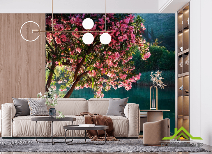 Фотошпалери Човен, берег, квіти