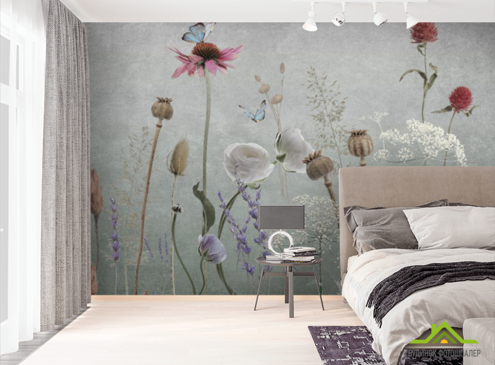 выбрать Фотошпалери польові дизайнерські квіти сірі Фотошпалери Квіти на стіну