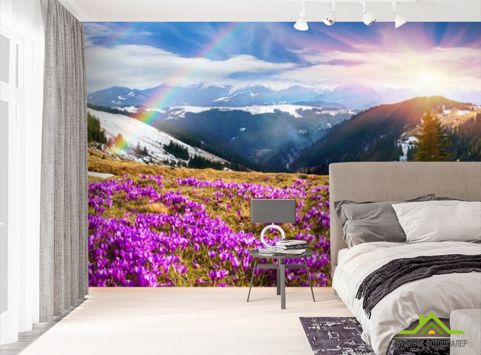 выбрать Фотошпалери поляна з бузковими квітами в горах Фотошпалери Природа на стіну