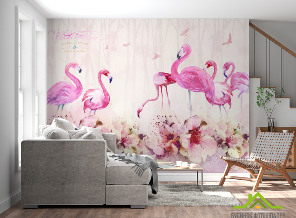 выбрать Фотошпалери Акварельні фламінго Фотошпалери Тварини на стіну
