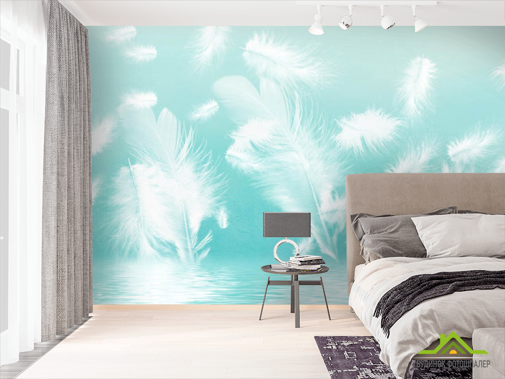 Фотообои Белые перья на бирюзовом фоне