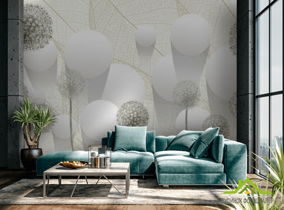 выбрать Фотошпалери Сірі кульбаби і кола Фотошпалери квіти 3d на стіну