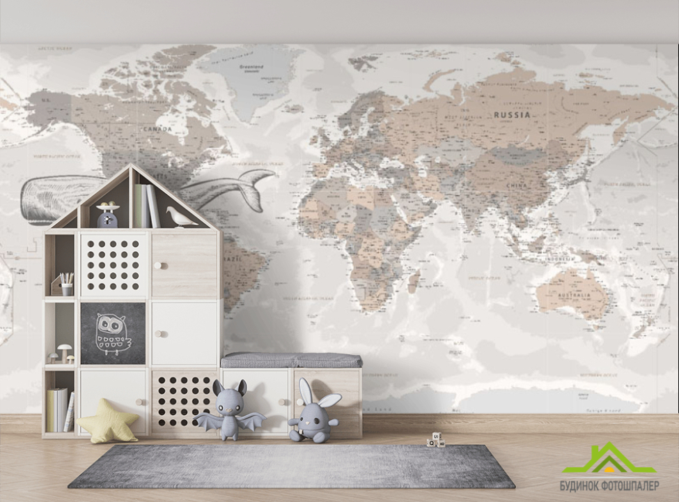 выбрать Фотообои Бежевая карта с китом на английском Фотообои Развивающие карты на стену
