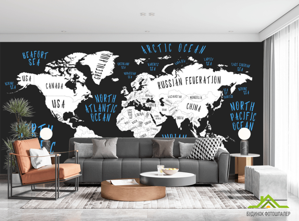 выбрать Фотошпалери Карта на чорному тлі Фотошпалери карта Світу на стіну