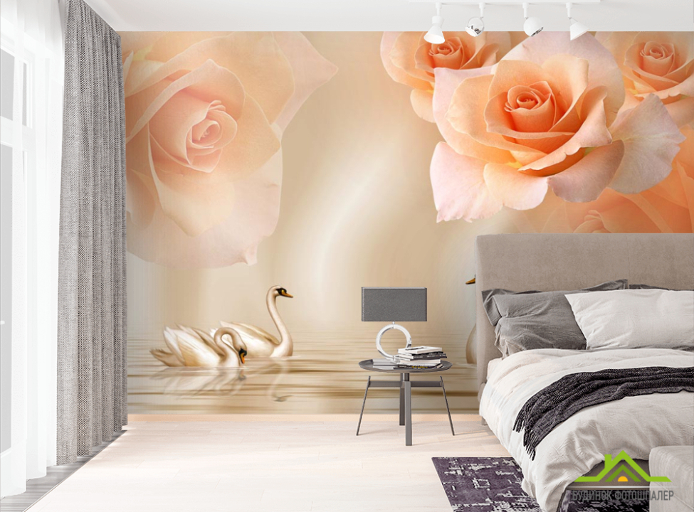 выбрать Фотошпалери Помаранчеві троянди на атласі Фотошпалери Квіти на стіну