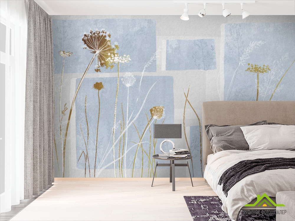 Фотошпалери сухоцвіти на синьому дизайнерському тлі.