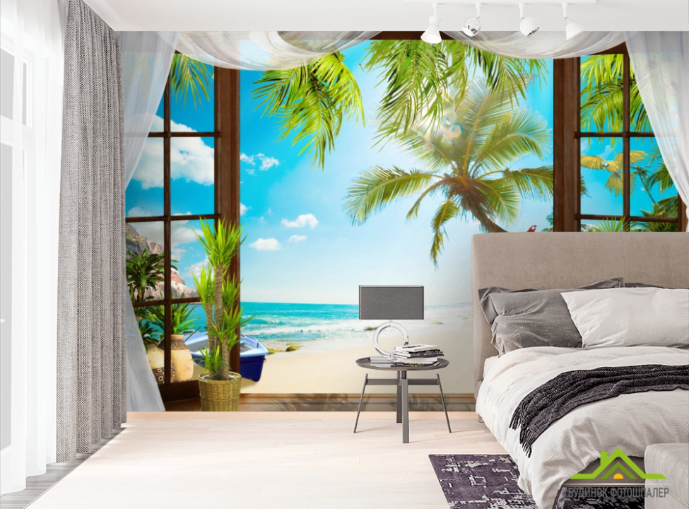 выбрать Фотошпалери Вид з вікна на пальми і море Фотошпалери Вид з вікна на стіну