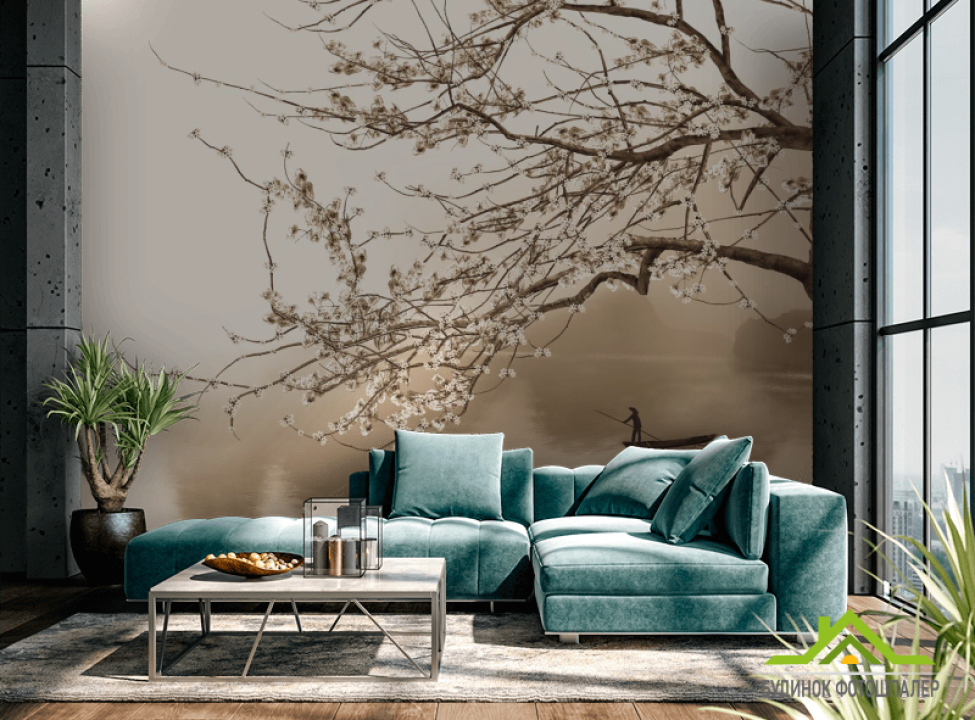 выбрать Фотошпалери на човні під квітучим деревом Фотошпалери Природа на стіну