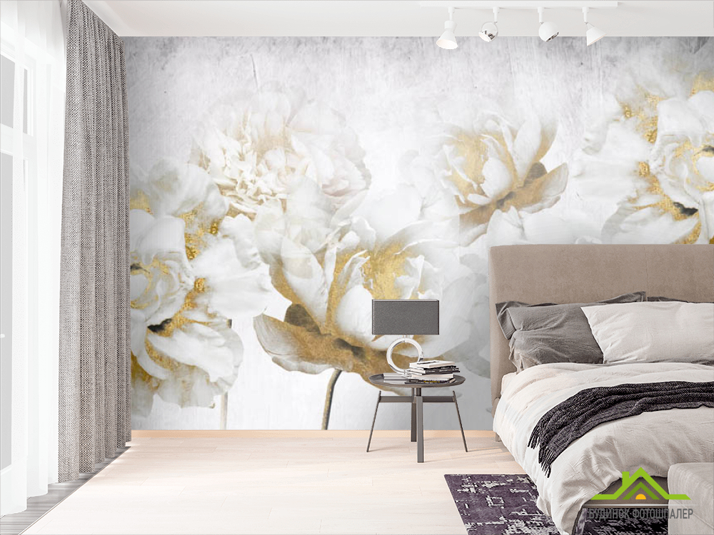 Фотошпалери білі квіти з золотом