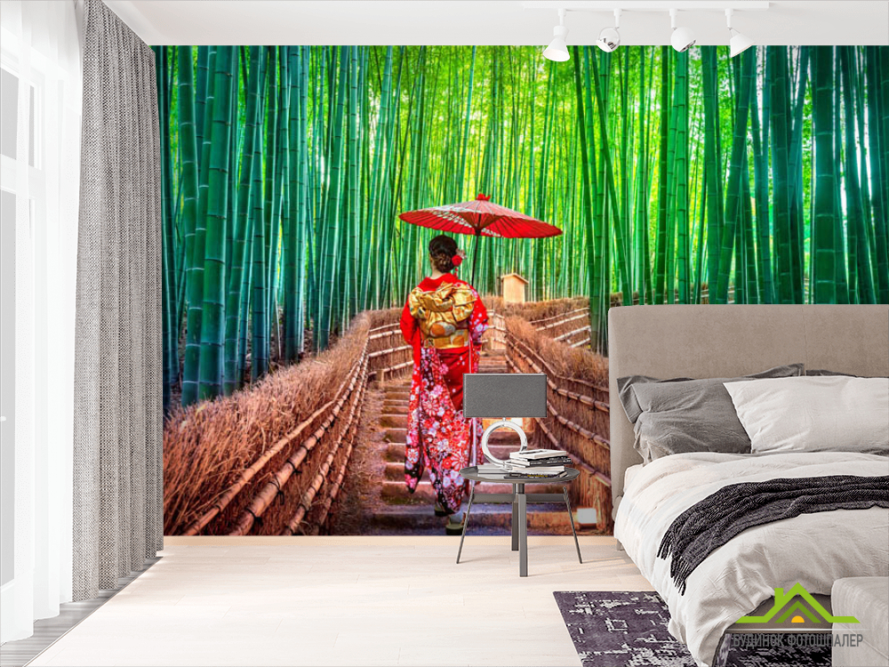 Фотошпалери бамбук, жінка в червоному