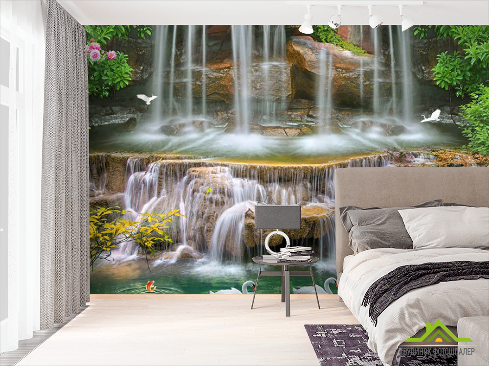 Фотообои 3д водопад и лебеди