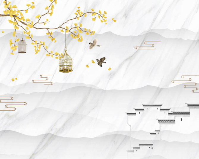 Фотошпалери Гілка гінкго та птиці в клітці