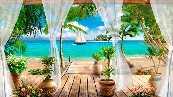 Фотошпалери Море, човен, берег, тераса