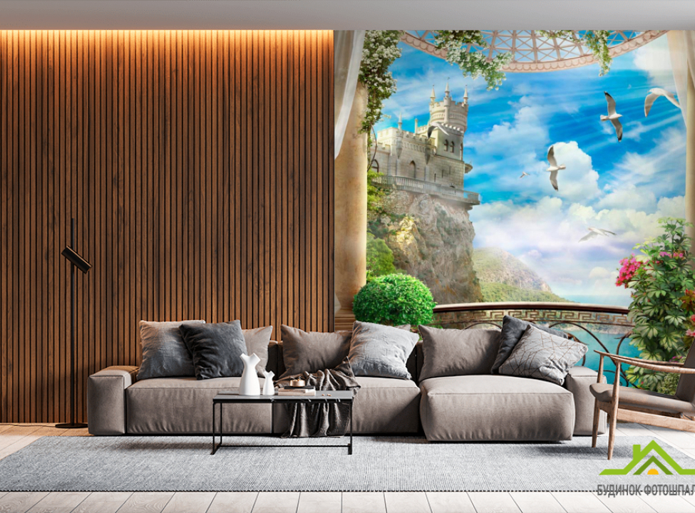 выбрать Фотошпалери Балкон, чайки, клумби Фотошпалери Фрески на стіну