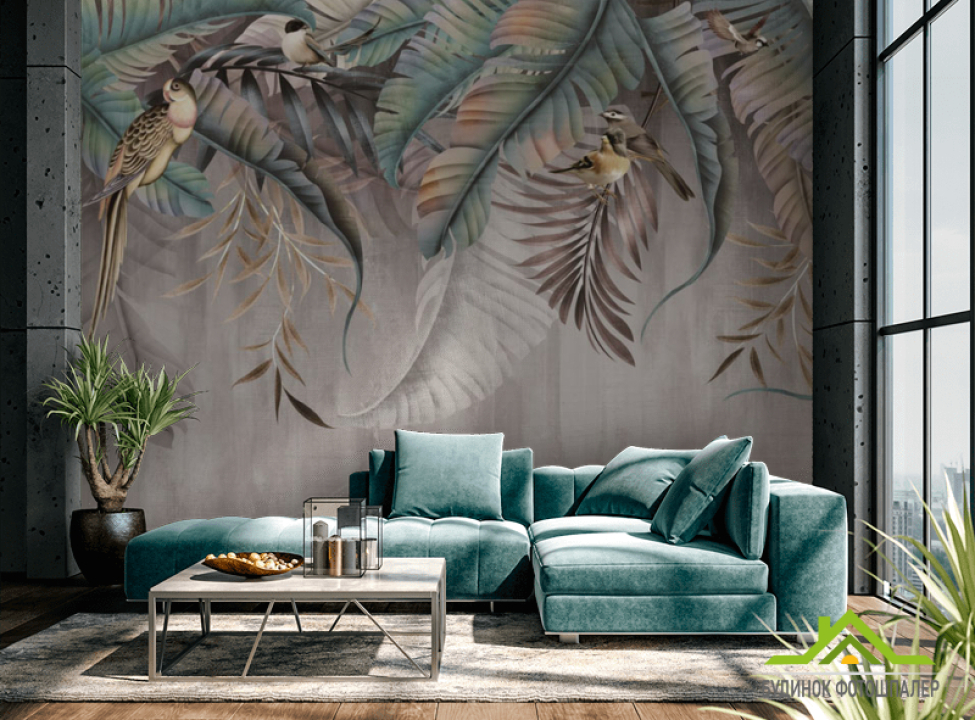 выбрать Фотообои Тропические листья с птицами Фотообои тропические листья на стену