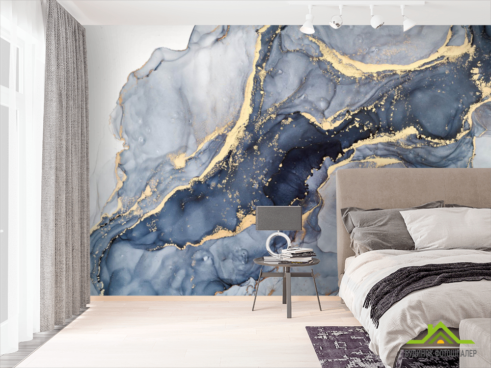 Фотошпалери Синій Fluid art з золотом