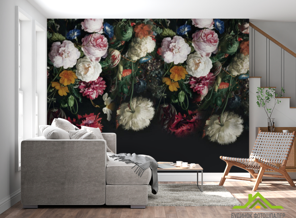 выбрать Фотошпалери Вінтажні квіти на чорному Фотошпалери Квіти на стіну