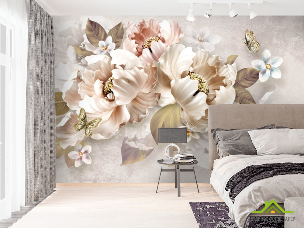 Фотошпалери золоті 3Д квіти