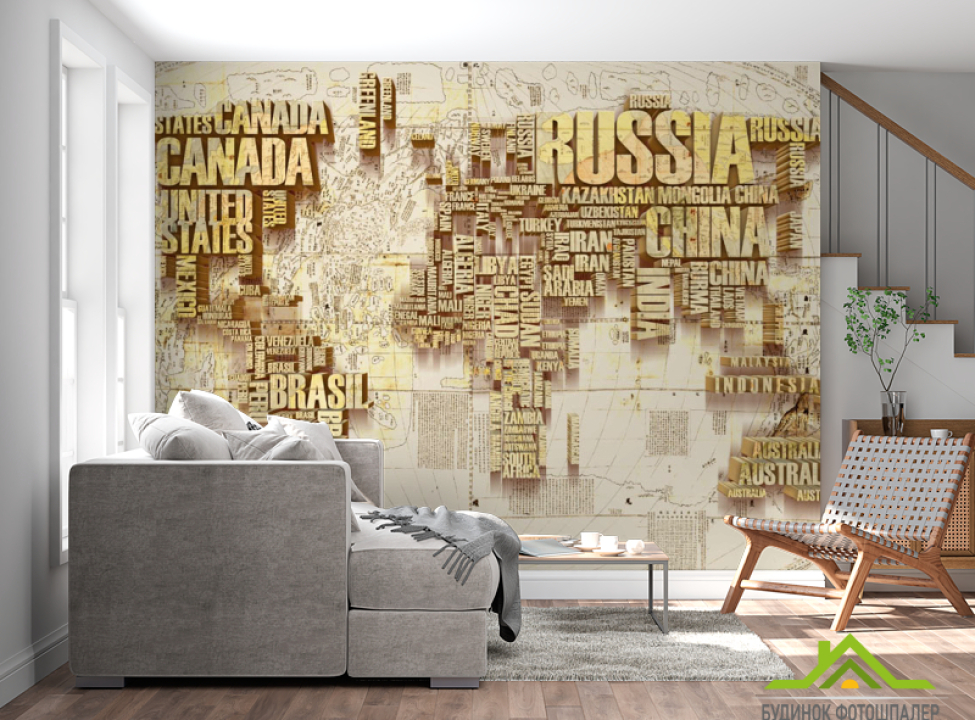 выбрать Фотошпалери Карта із золотого тексту Фотошпалери карта Світу на стіну