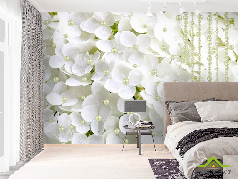 Фотообои Белая гортензия и бусины