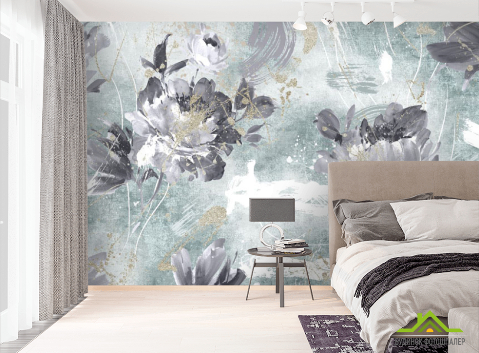 выбрать Фотошпалери дизайнерські квіти з бірюзовим золотом. Фотошпалери Квіти на стіну
