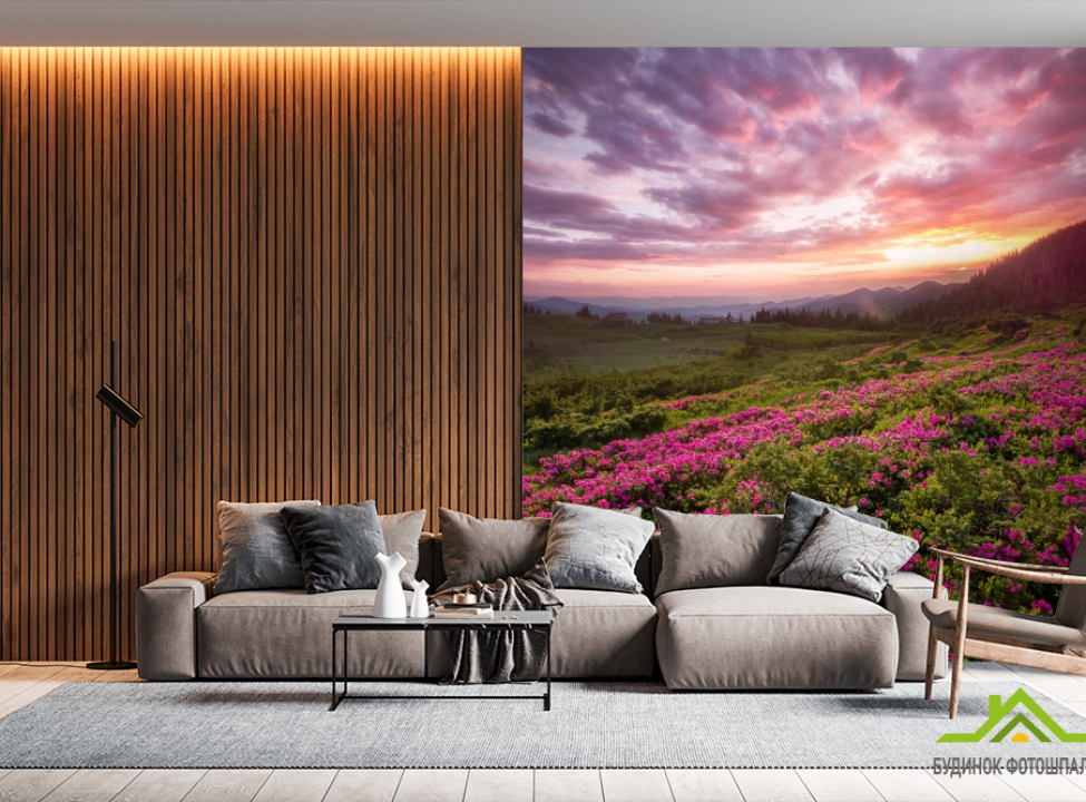 выбрать Фотошпалери захід сонця над бузковими квітами Фотошпалери Природа на стіну