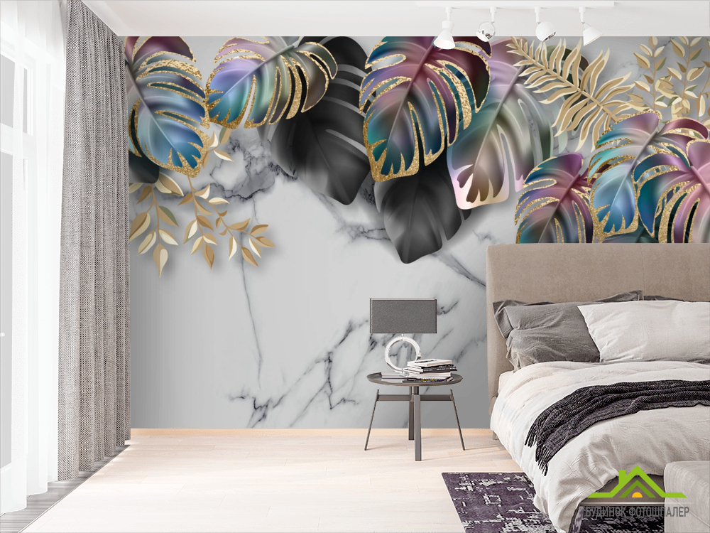 Фотообои Тропические листья на мраморе