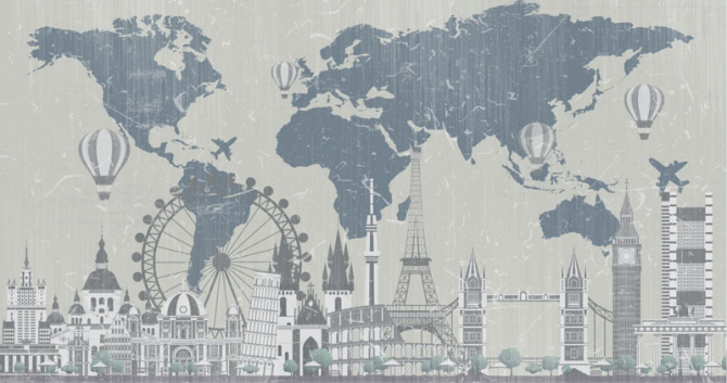 Фотообои Карта с архитектурными достояниями мира