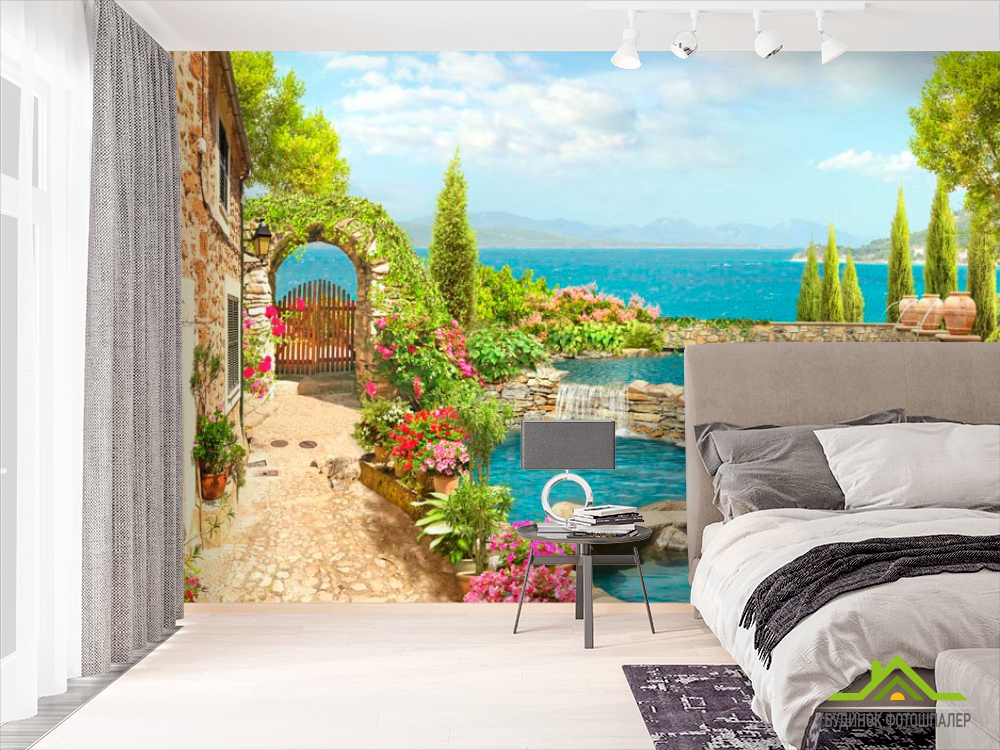 Фотообои Дом, фонтан, море