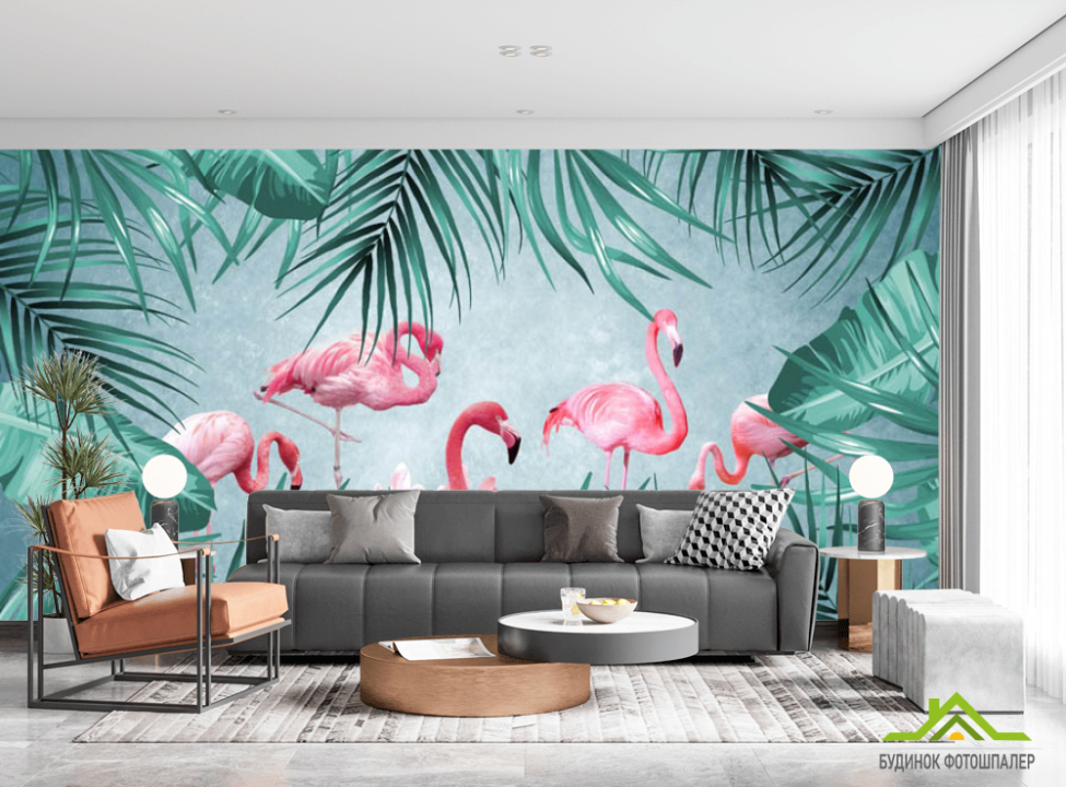 выбрать Фотошпалери фламінго на тропічних листках Фотошпалери різні на стіну