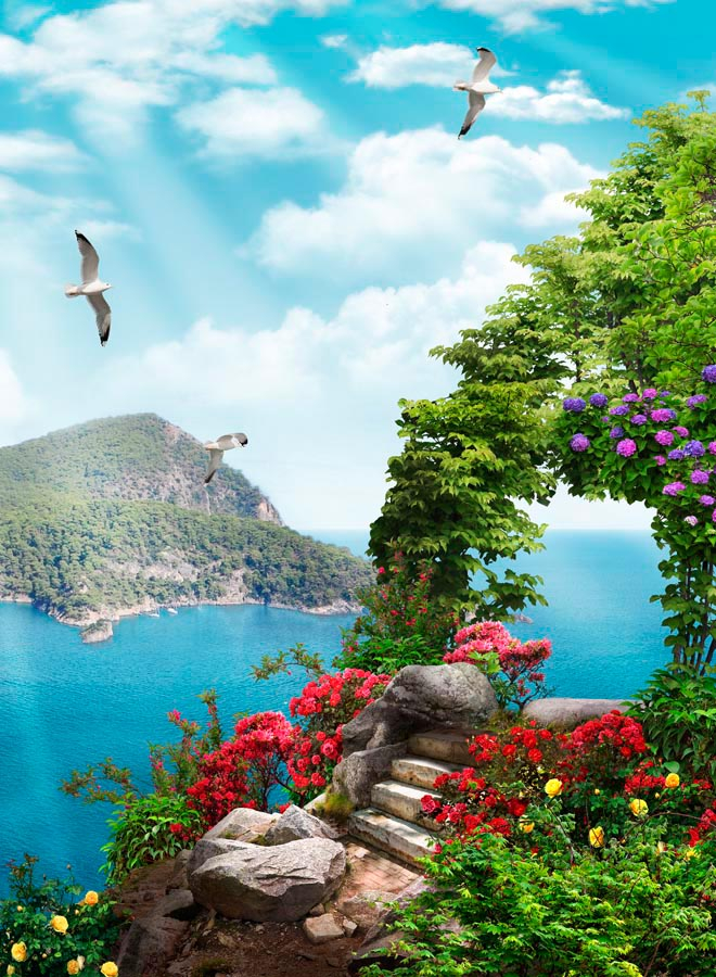 Фотошпалери Сходинки, квіти, острів