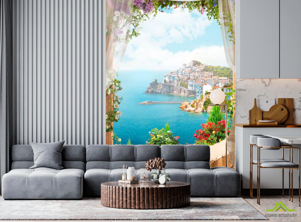 выбрать Фотошпалери Балкон, місто, квіти Фотообої на кухню на стіну