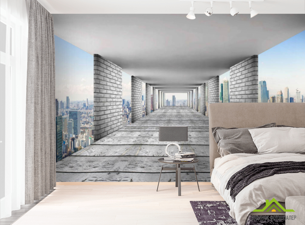 выбрать Фотообои 3д тоннель с городом  на стену