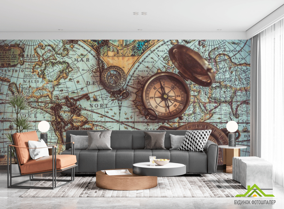 выбрать Фотообои Стилизированная карта с ключами и компасами Фотообои карта Мира на стену