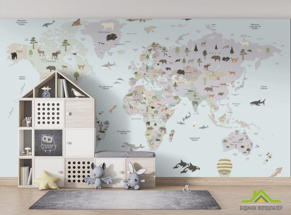 выбрать Фотошпалери Дитяча карта з флорою і фауною Фотошпалери Розвиваючі карти на стіну