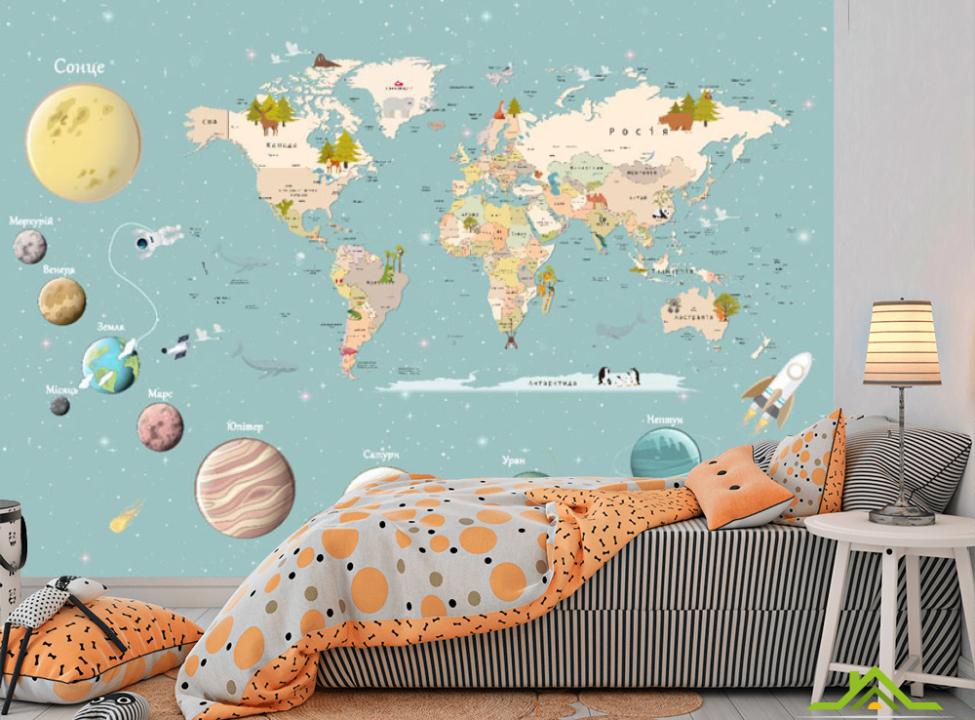 выбрать Фотообои Бирюзовая карта с планетами Фотообои в детскую на стену