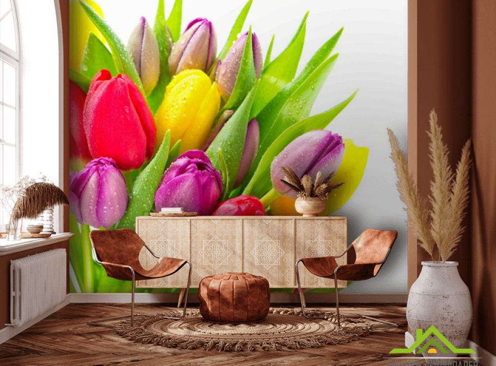 выбрать Фотошпалери різнокольорові тюльпани з краплями Фотошпалери Квіти на стіну