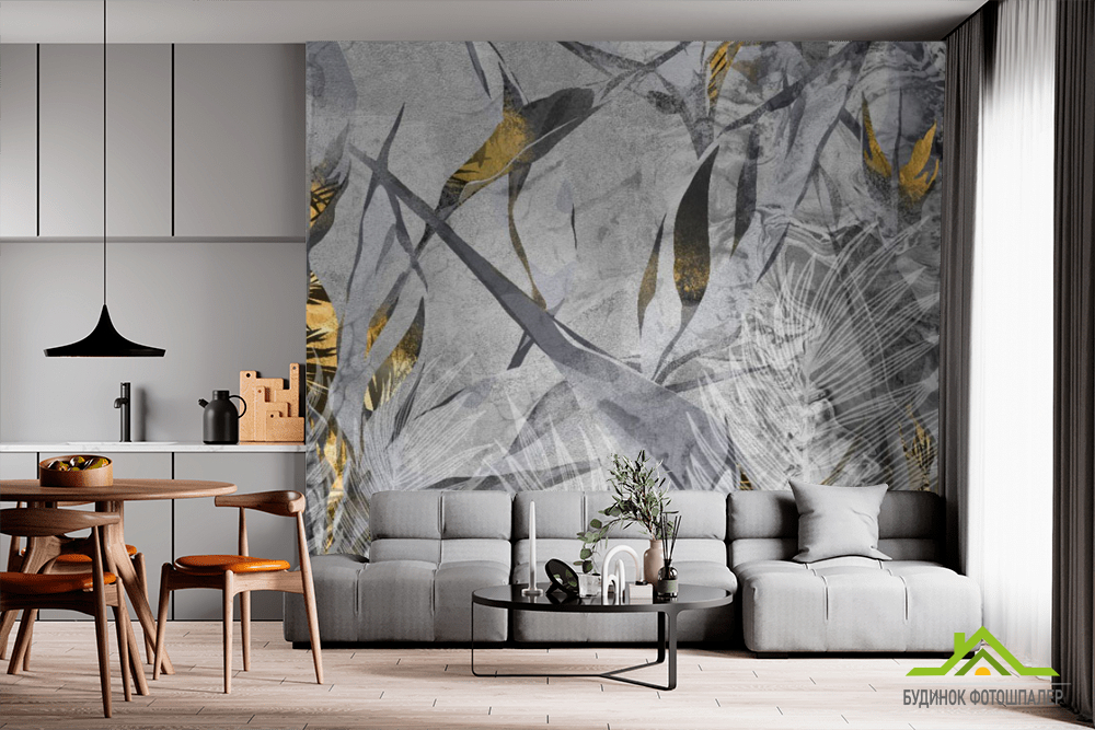 Фотошпалери сірі тропічні листя з золотом.
