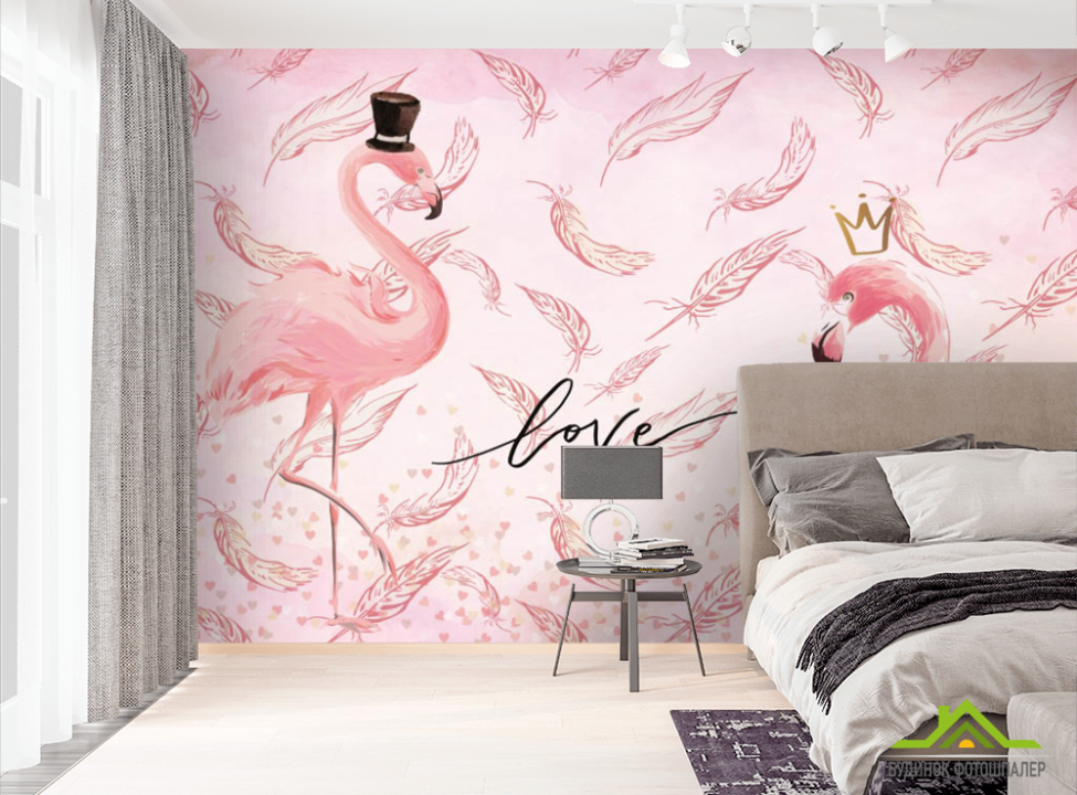 выбрать Фотошпалери Рожеві фламінго в капелюсі Фотошпалери Тварини на стіну