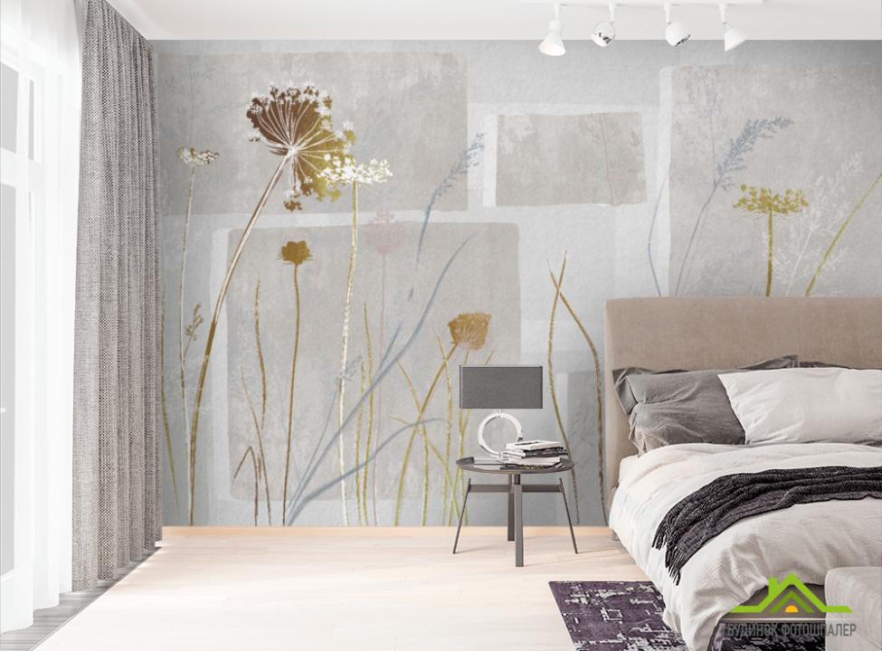 выбрать Фотошпалери сушені квіти на сірому дизайнерському тлі. Фотошпалери Квіти на стіну