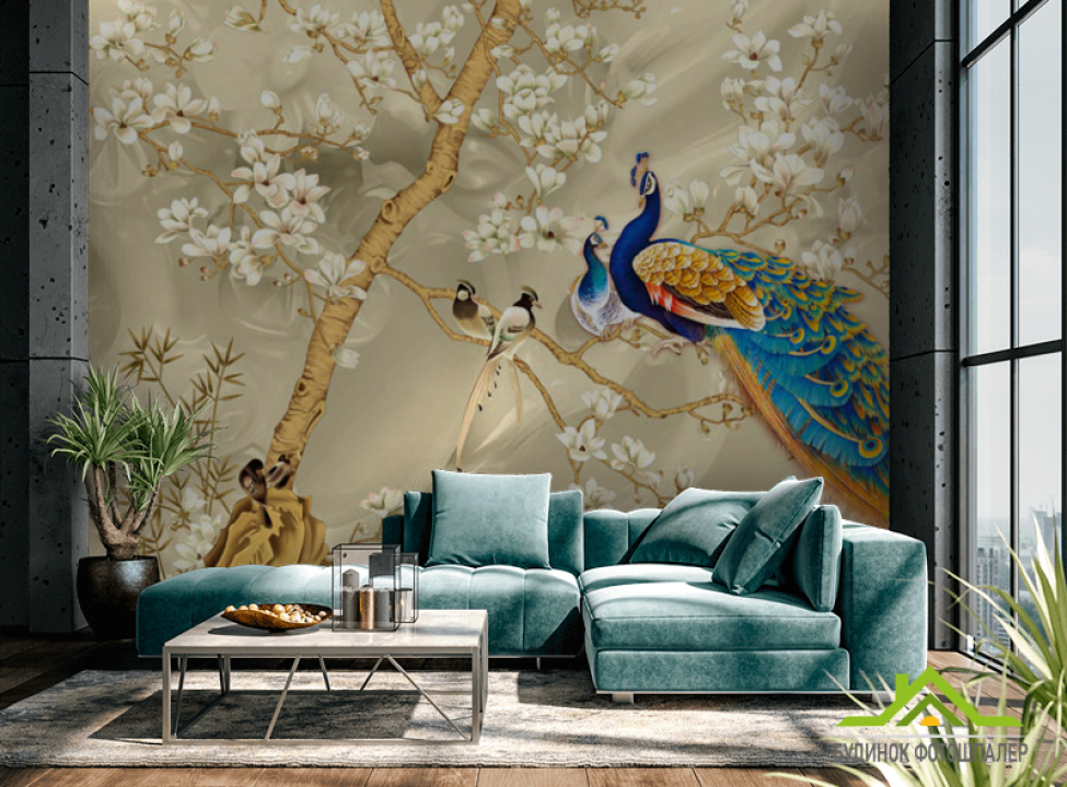 выбрать Фотошпалери Гілки магнолії і павич Фотообої по стилю на стіну