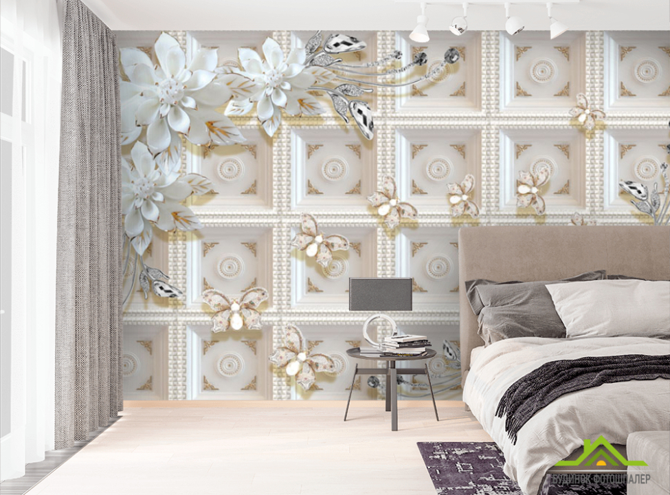 выбрать Фотообои Керамические цветы на фоне золотой стены Фотообои 3Д барельеф на стену