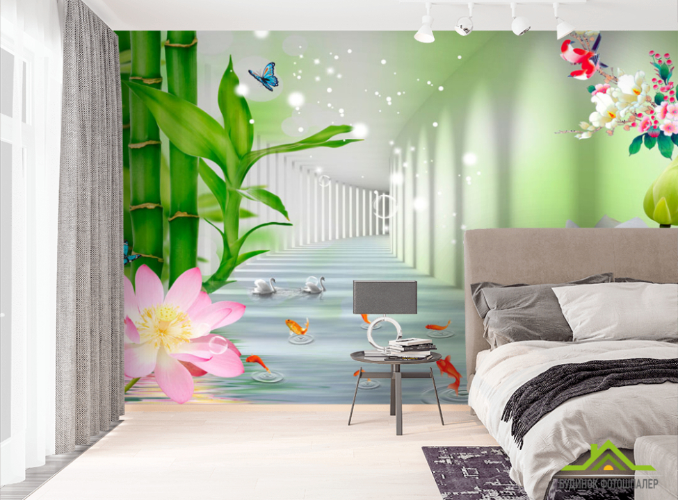 выбрать Фотообои Тонель с лотосами и бамбуком 3D фотообои расширяющие пространство на стену