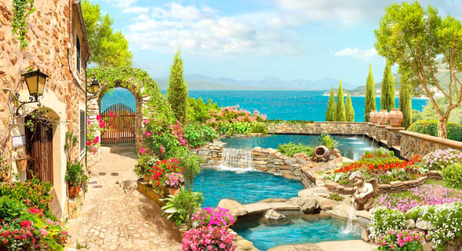 Фотообои Дом, фонтан, море